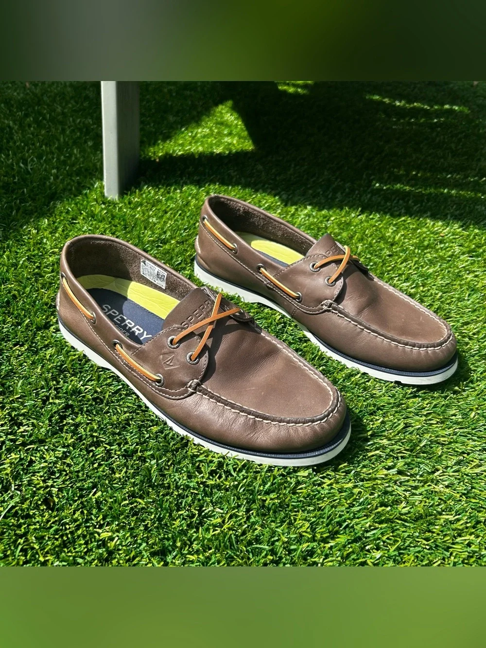 Sperry Men’s 9 Top Sider Leeward Nautical Cross Lace Boat Shoe Brown Leather